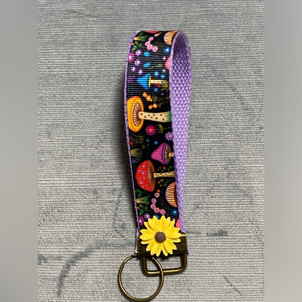 New handcrafted by me, neon mushroom rainbow wristlet with metal keychain, 6”